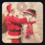 Adesivo Quadrado Papai Noel e boneco de neve na neve<br><div class="desc">snowman santa claus christmas, amigos frios e coloridos sorrisos, felicidade congelada com o elemento do cachecol, alegria diversão alegre floco de neve, sorria esse ano vermelho, nova época de Natal engraçada, feliz de inverno feliz de presente, celebração de personagens de pintura artística, feriado de neve feliz, snowman santa claus de...</div>