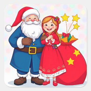 Adesivo Quadrado Papai Noel e Menina com um Saco de Presentes