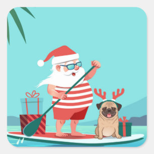 Adesivo Quadrado Papai Noel e o Pug dele no surfboard