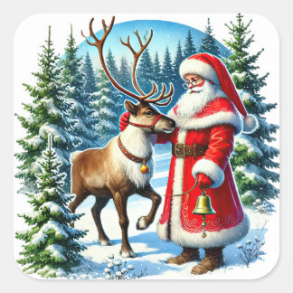 Adesivo Quadrado Papai Noel e Reindeer em uma Floresta Neve