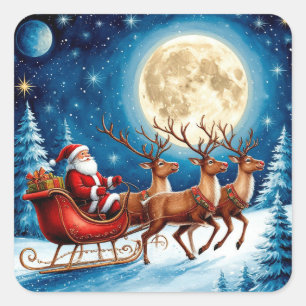 Adesivo Quadrado Papai Noel e Rena Sob a Lua de Natal Cheia