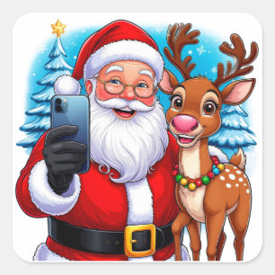 Adesivo Quadrado Papai Noel e Rena Tirando Selfie de Natal