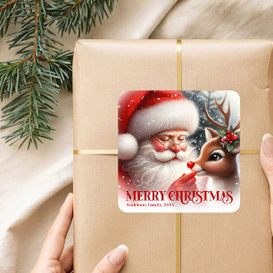 Adesivo Quadrado Papai Noel e Rudi Natal Personalizado Divertido