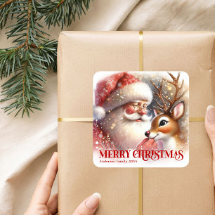 Adesivo Quadrado Papai Noel e Rudolph Favor Personalizado para Fest