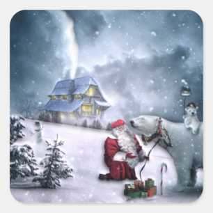 Adesivo Quadrado Papai Noel e Urso Polar