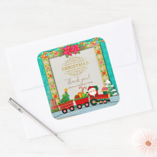 Adesivo Quadrado Papai Noel em trem com presentes e árvore de Natal