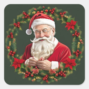 Adesivo Quadrado Papai Noel em uma Grinalda Festiva