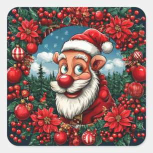 Adesivo Quadrado Papai Noel engraçado com Grinalda e Enfeites