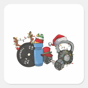 Adesivo Quadrado Papai Noel engraçado levantando halteres na academ