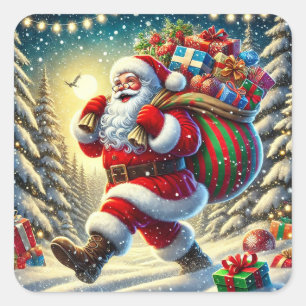 Adesivo Quadrado Papai Noel Entregando Presentes em um Natal Nevado