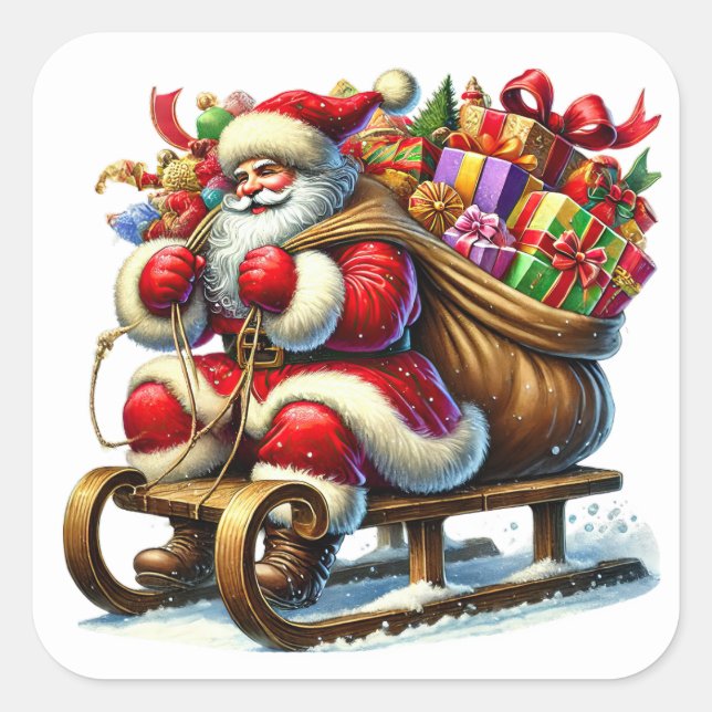 Adesivo Quadrado Papai Noel entregando presentes em uma neve (Frente)