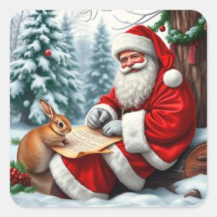Adesivo Quadrado Papai Noel Escrevendo uma Carta em uma Floresta Ne