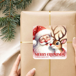 Adesivo Quadrado Papai Noel Festivo Rudolph Presente Personalizado 