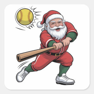 Adesivo Quadrado Papai Noel Jogando Softbol Jogador de Natal Esport