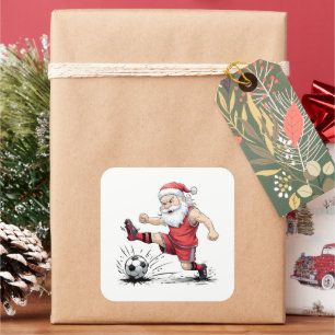 Adesivo Quadrado Papai Noel Musculoso de Futebol Chutando Bola