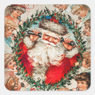 Adesivo Quadrado Papai Noel nos celulares ouvindo crianças
