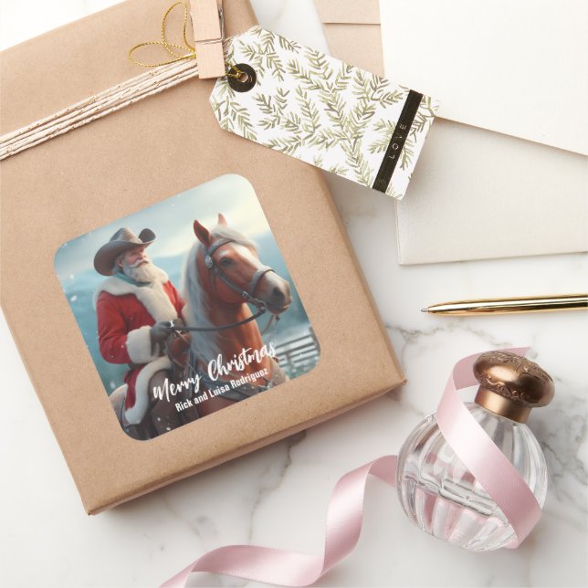 Adesivo Quadrado Papai Noel Ocidental Andando no Natal do Cavalo (Presentear)