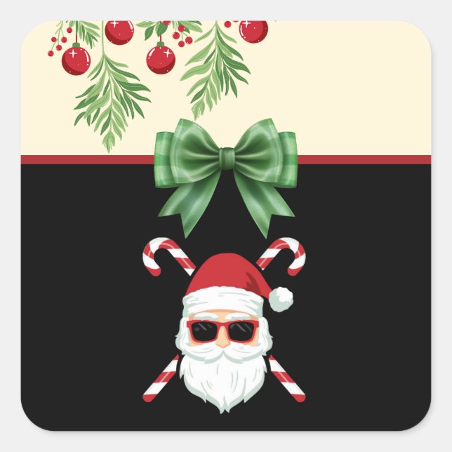 Adesivo Quadrado Papai Noel personalizado com bengalas de cruz Nata (Frente)