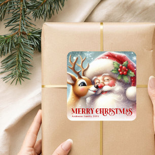 Adesivo Quadrado Papai Noel Personalizado e Crianças de Férias Rudo
