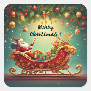Adesivo Quadrado Papai Noel pilotando trenó com uma rena