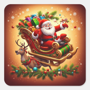 Adesivo Quadrado Papai Noel pilotando trenó com uma rena