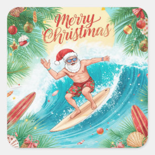 Adesivo Quadrado Papai Noel Surfando Feliz Natal Feriado Costeiro