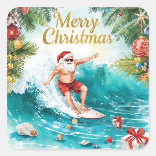 Adesivo Quadrado Papai Noel Surfando Feliz Natal Feriado Costeiro