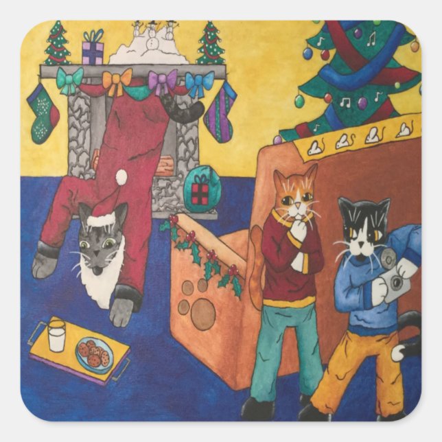 Adesivo Quadrado Papai noel Surprise Cats Rettangular Sticker (Frente)