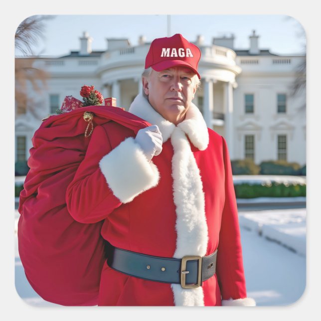 Adesivo Quadrado Papai Noel Trump Com MAGA Hat (Frente)