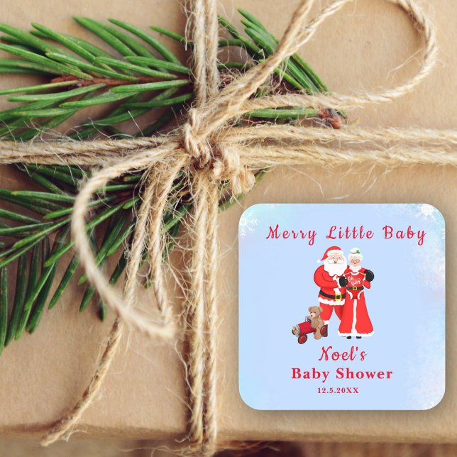 Adesivo Quadrado Papais noeis Bebês e Chá de fraldas da Sra. Claus (Add holiday magic with Santa & Mrs. Claus stickers for unforgettable Baby Shower delight.)