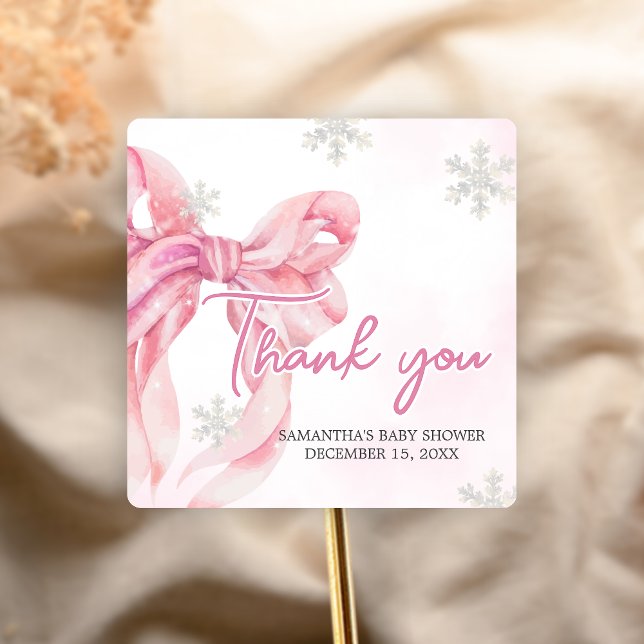 Adesivo Quadrado Papais noeis Chá de fraldas de Natal (Pink Coquette Winter Baby Shower Sticker)