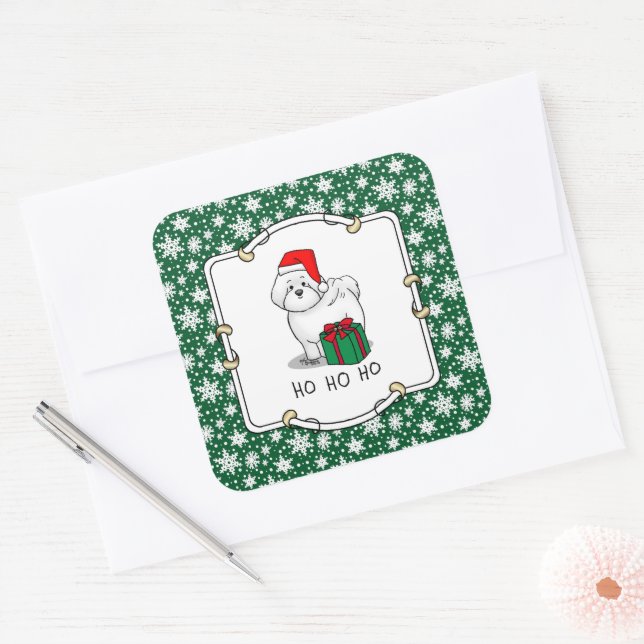 Adesivo Quadrado Papais noeis de Natal Bichon Frise Dog Cute (Envelope)