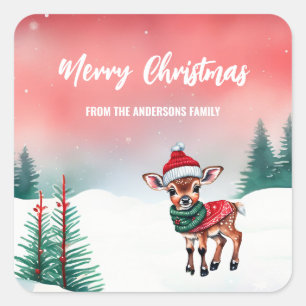 Adesivo Quadrado Papais noeis de renas de aquarela fofa, criança da