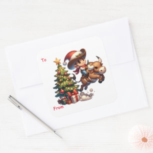 Adesivo Quadrado Papais noeis de vaqueiro Kid Bull Vinheta de Natal