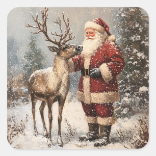 Adesivo Quadrado Papais noeis De Vintage Petting A Reindet Painting