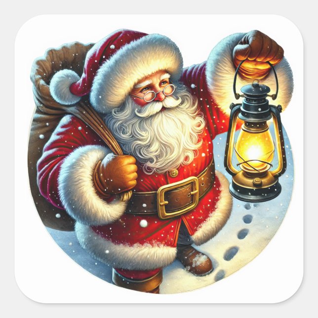 Adesivo Quadrado Papais noeis passando pela neve à noite (Frente)