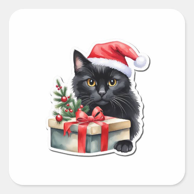 Adesivo Quadrado Papais noeis Pretos Tímidos Gatinhos com Presente (Frente)