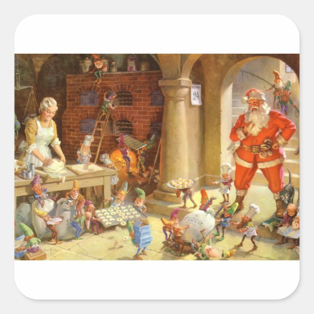 Adesivo Quadrado Papais noeis, Sra. Claus & Elves Assar Cookies de  (Frente)