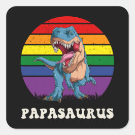 Adesivo Quadrado Papasaurus Funny Dinossaur no Rainbow Flag Sunset