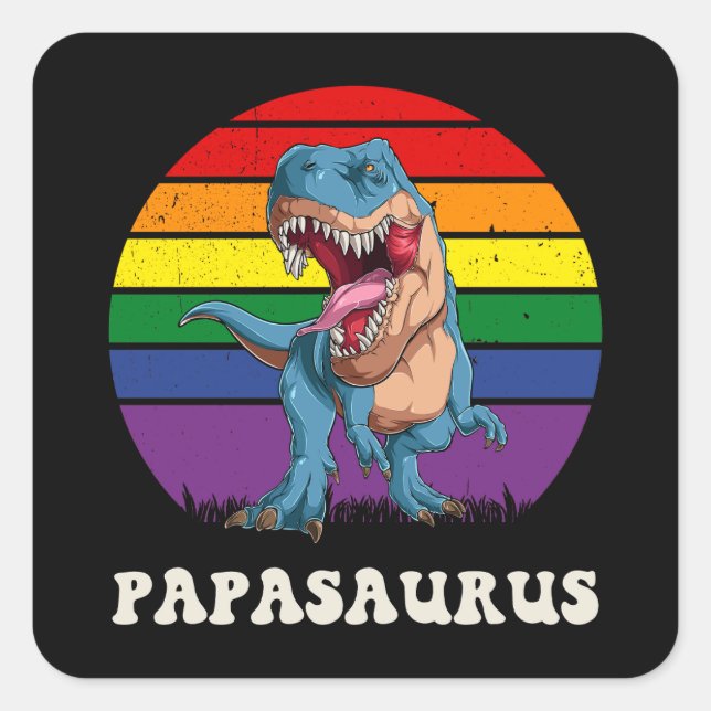 Adesivo Quadrado Papasaurus Funny Dinossaur no Rainbow Flag Sunset (Frente)