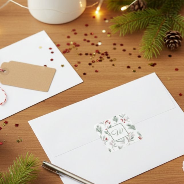 Adesivo Quadrado Papel Botânico de Inverno Monograma (Holiday initial monogram sticker)