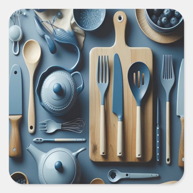 Adesivo Quadrado Papel de parede estético de cozinha azul-branca (Frente)