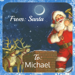 Adesivo Quadrado Papel de Presente de PAPAI NOEL Nome Personalizado