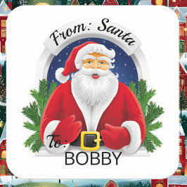 Adesivo Quadrado Papel de Presente Personalizado SANTA CLAUS Nome d