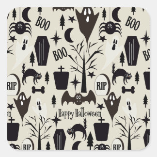 Adesivo Quadrado Papel de regalo Happy Halloween negro