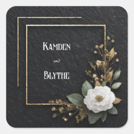 Adesivo Quadrado Papel Ouro Preto Flor Branca Casamento Elegante