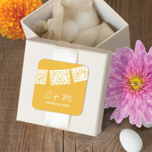 Adesivo Quadrado Papel Picado amarelo | Vinheta-Favor de Casamento (Criador carregado)
