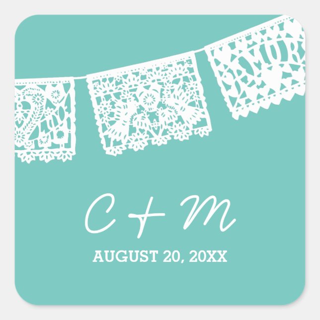 Adesivo Quadrado Papel Picado Aqua | Vinheta-Favor de Casamento (Frente)