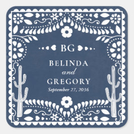 Adesivo Quadrado Papel Picado Boda Mexican Rustic Blue Wedding