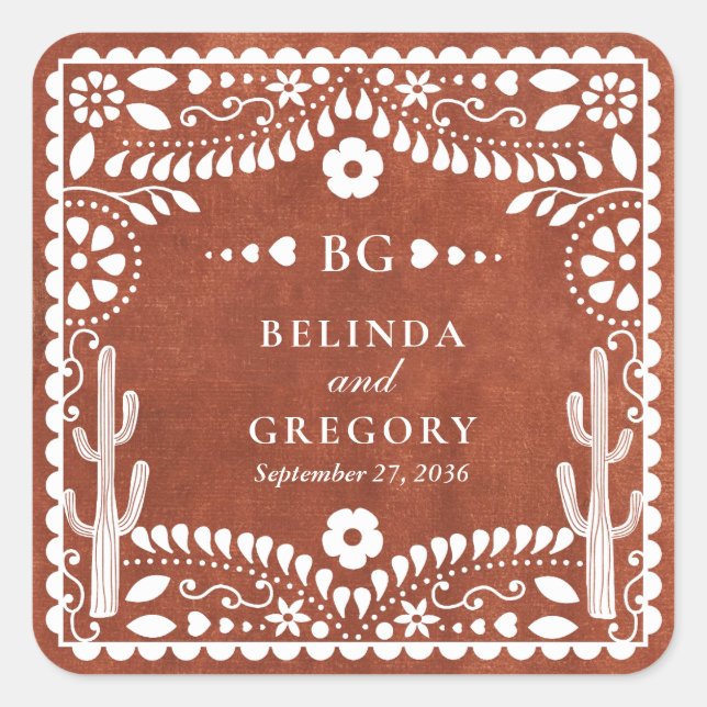 Adesivo Quadrado Papel Picado Boda Mexican Terracotta Brown Wedding (Frente)